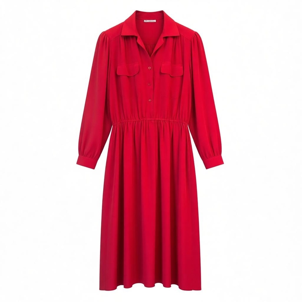 Vintage Andrea Gayle Red Button Long Sleeve Cinch Waist Midi Dress